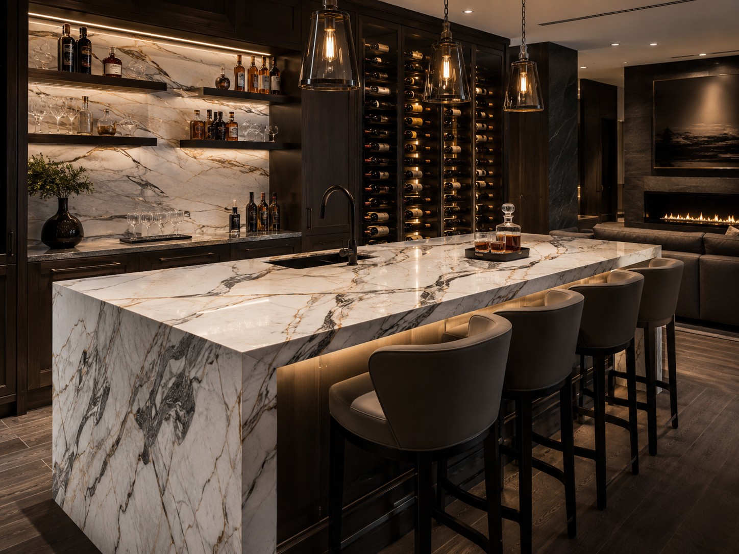 Modern luxury kitchen with marble waterfall island